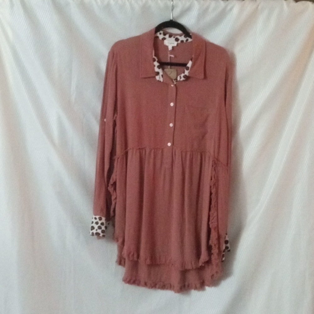 Umgee Long Sleeve Tunic Blouse Sz M Terracotta Rust with Animal accent Print NWT